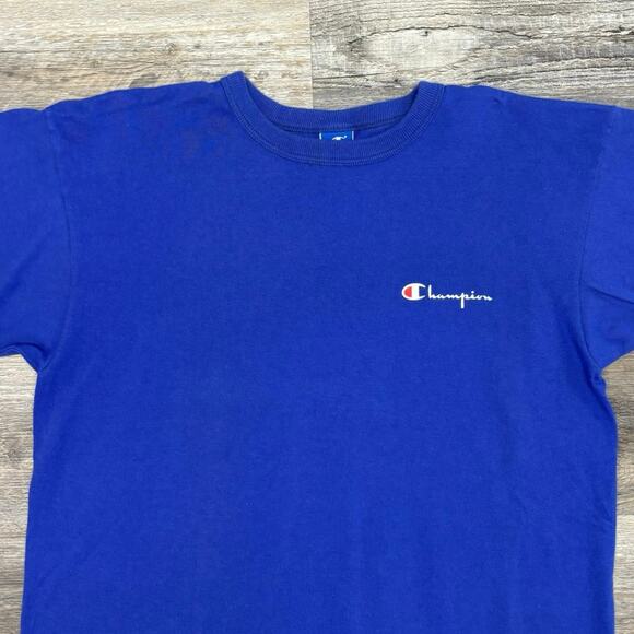 Vintage 90s Champion Script Spellout Embroidered Logo Blue Mens XL T-Shirt USA - Picture 1 of 8